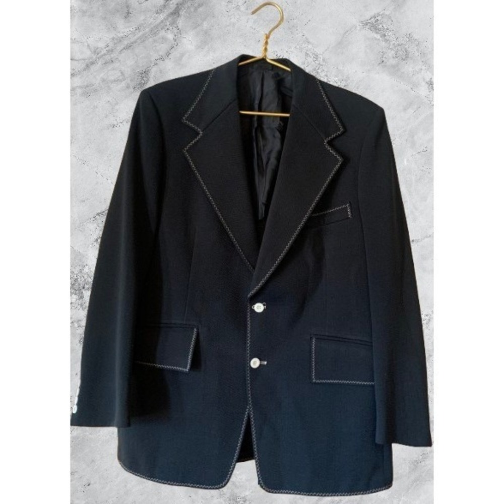 Vintage Sewell Clothes Mens Black Blazer Jacket White Contrast Stitch Two Button